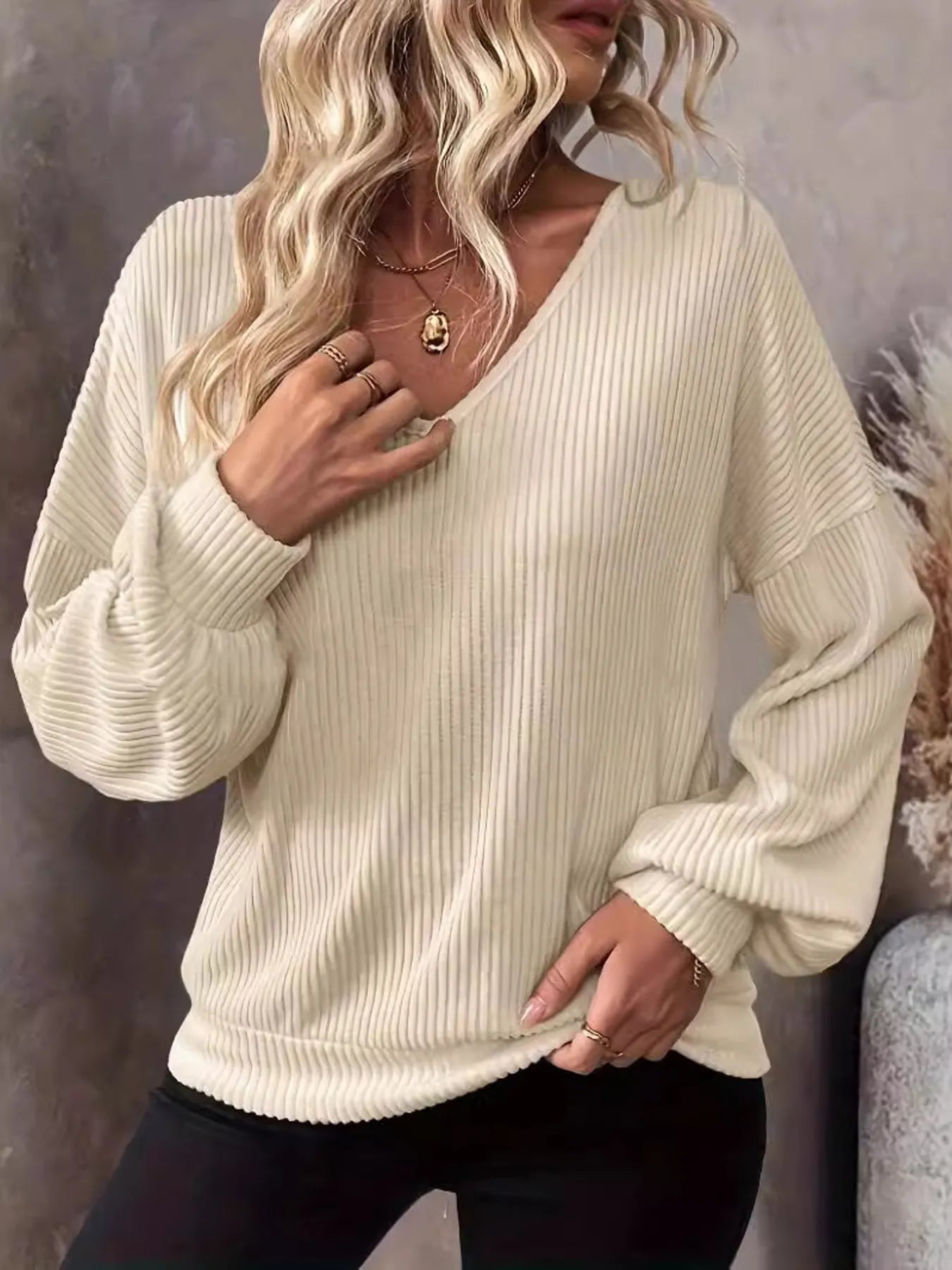 Ribbed Knit Back Bow Tie Blouse OutfitFlow