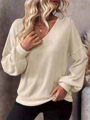 Ribbed Knit Back Bow Tie Blouse OutfitFlow