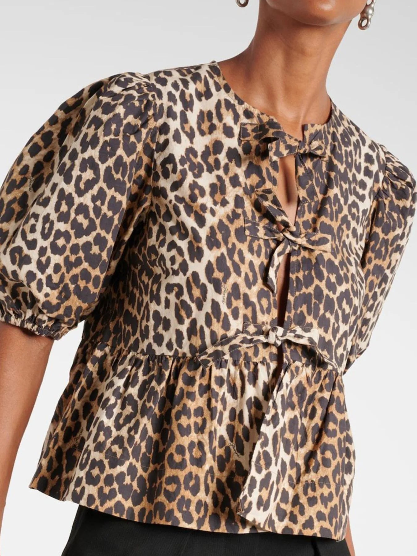 Puff Sleeve Bow Tie Blouse Leopard OutfitFlow