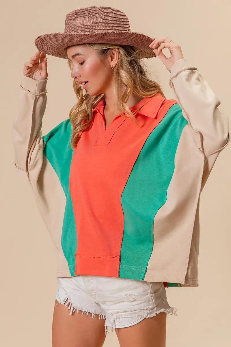 BiBi Colorblock Exposed Seam French Terry Sweatshirt OutfitFlow