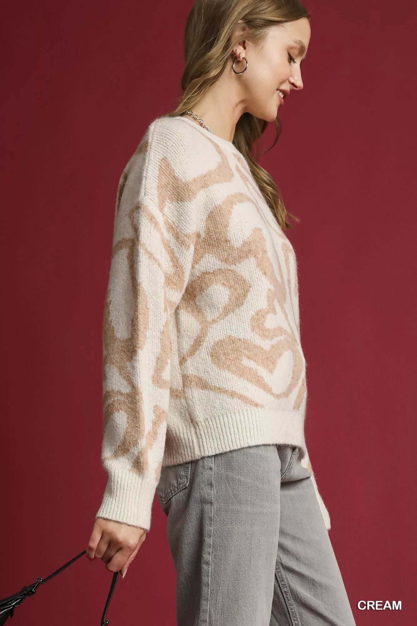 Umgee Heart Print Crew Neck Sweater Trendsi