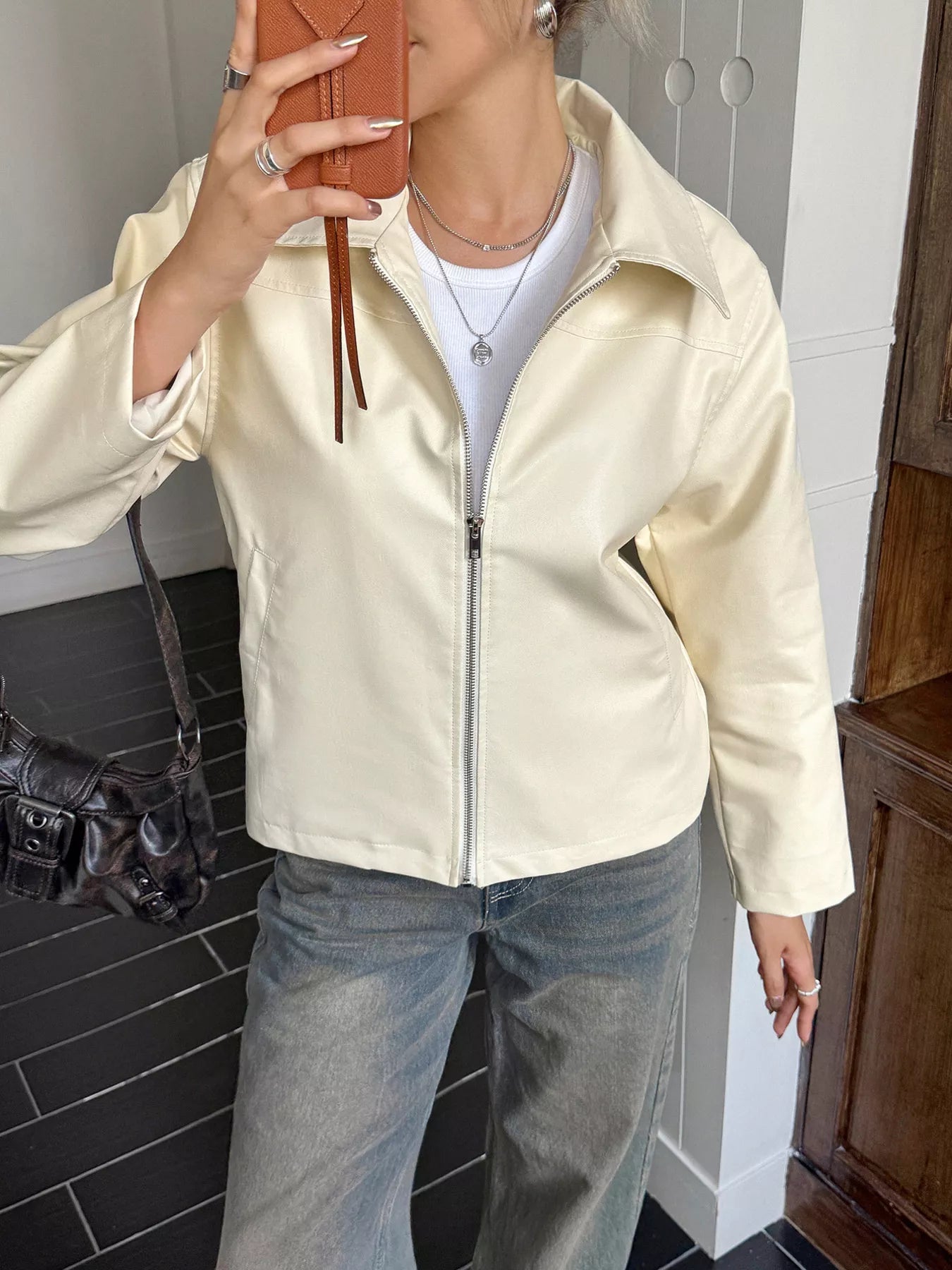 Zip Up Leather Jacket Trendsi