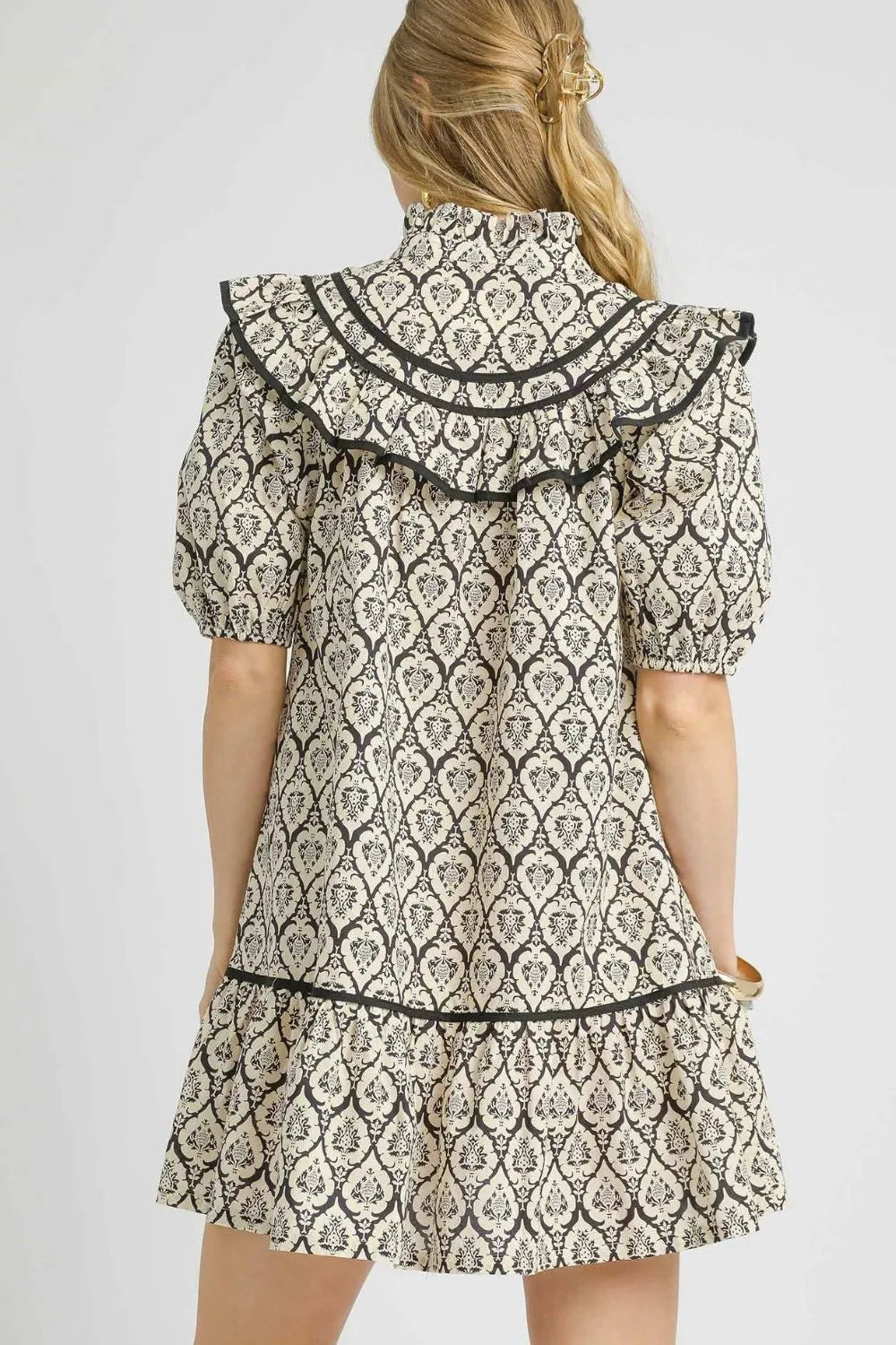 Umgee Ruffled Printed Puff Sleeve Mini Dress OutfitFlow
