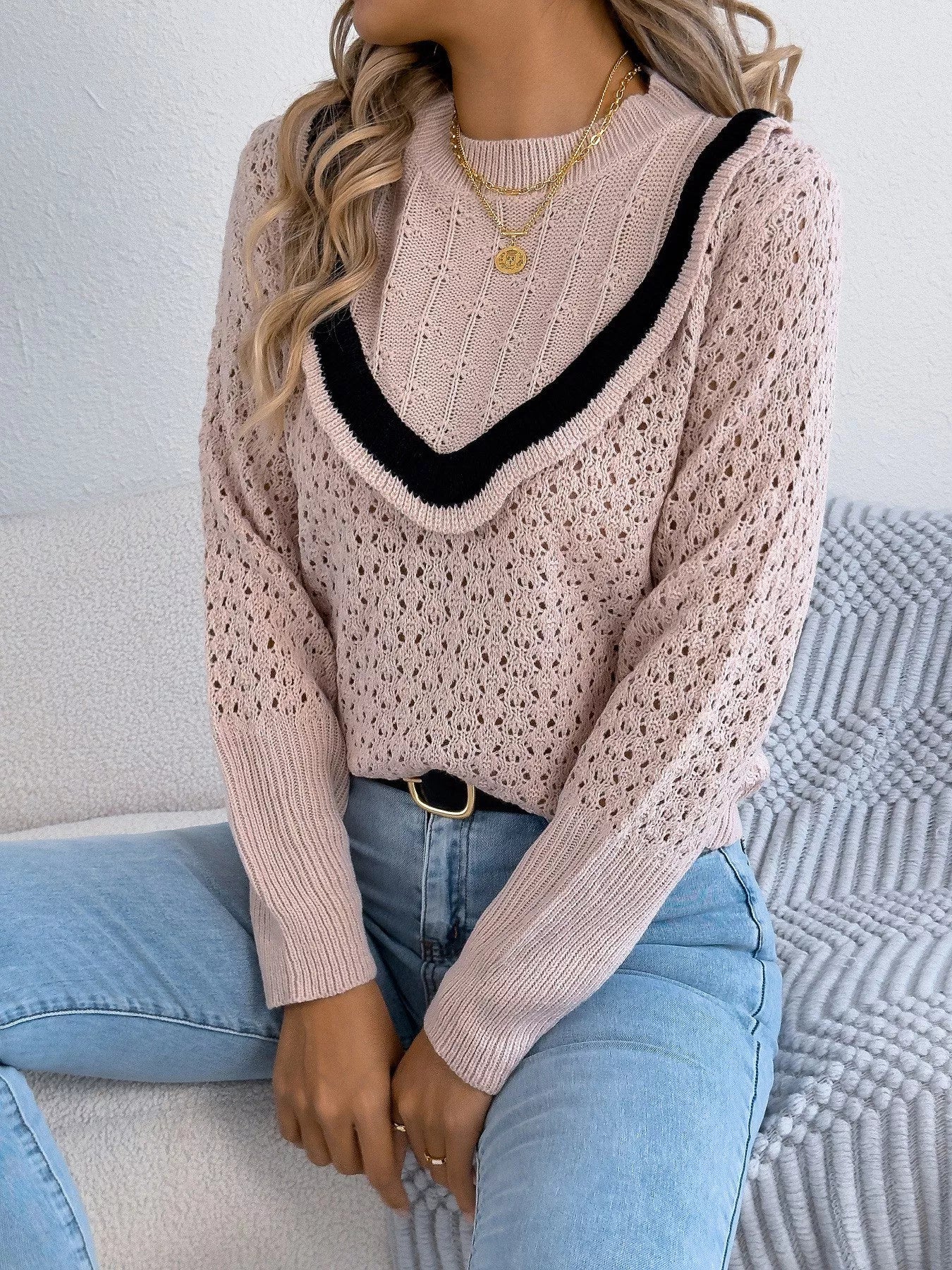Hollow-Out Knit Top with Contrast Trim Pink OutfitFlow