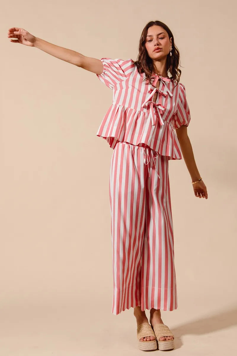 SO ME Front Tie Stripe Top With Puff Sleeves and Wide Leg Pants Set OutfitFlow