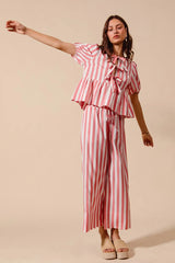 SO ME Front Tie Stripe Top With Puff Sleeves and Wide Leg Pants Set OutfitFlow