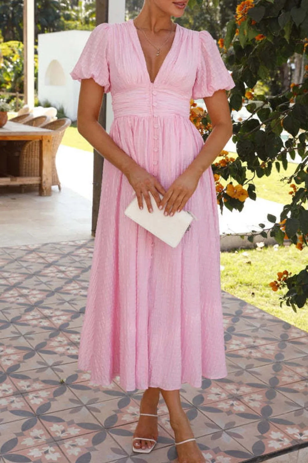 V-Neck Puff Short Sleeve Midi Dress OutfitFlow