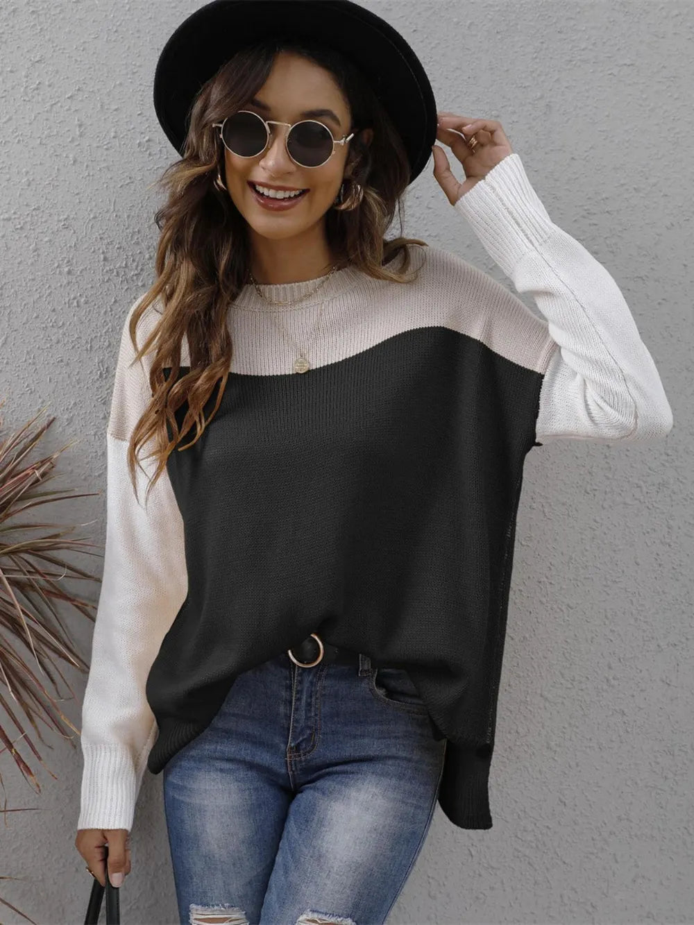 Color Block Round Neck Sweater Black OutfitFlow