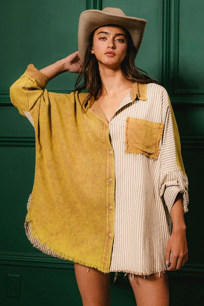 BiBi Washed Raw Hem Shirt OutfitFlow