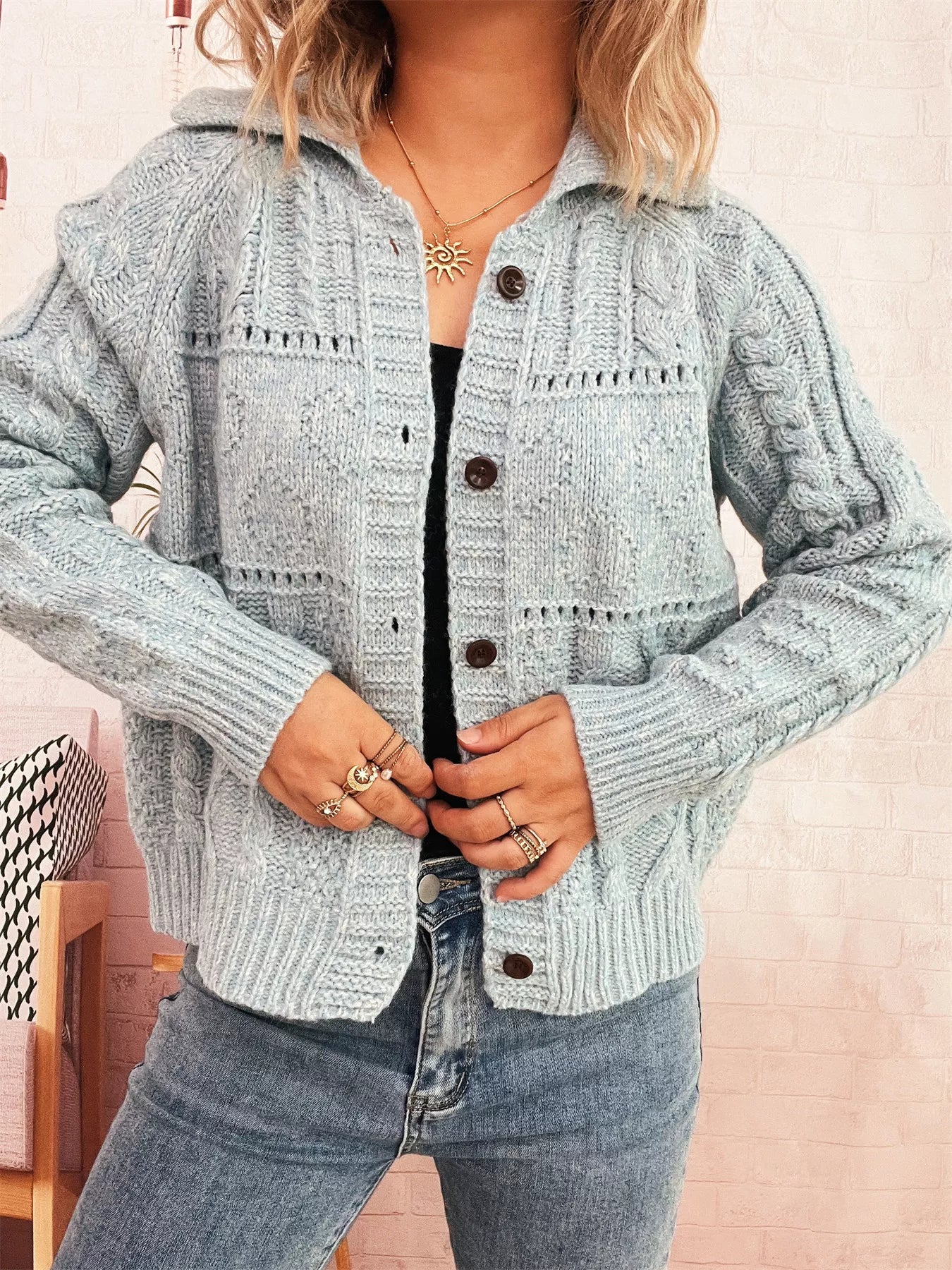 Openwork Cable Knit Button-Up Cardigan Blue One Size OutfitFlow