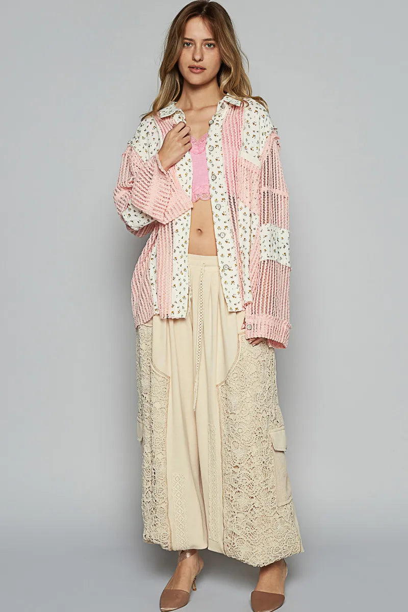 POL Floral Crochet Patchwork Long Sleeve Shirt OutfitFlow