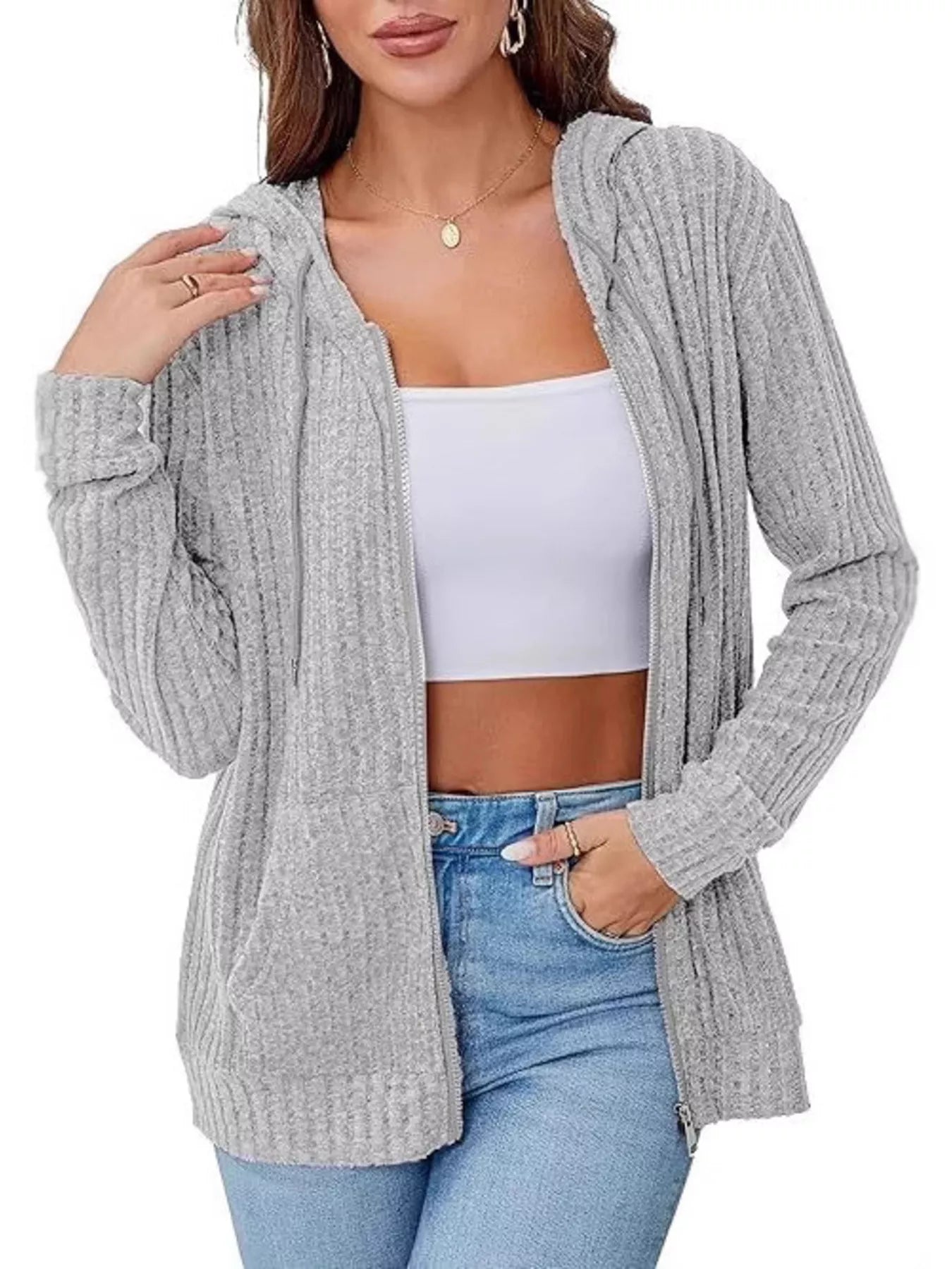 Ribbed Zip Up Hooded Outerwear Trendsi