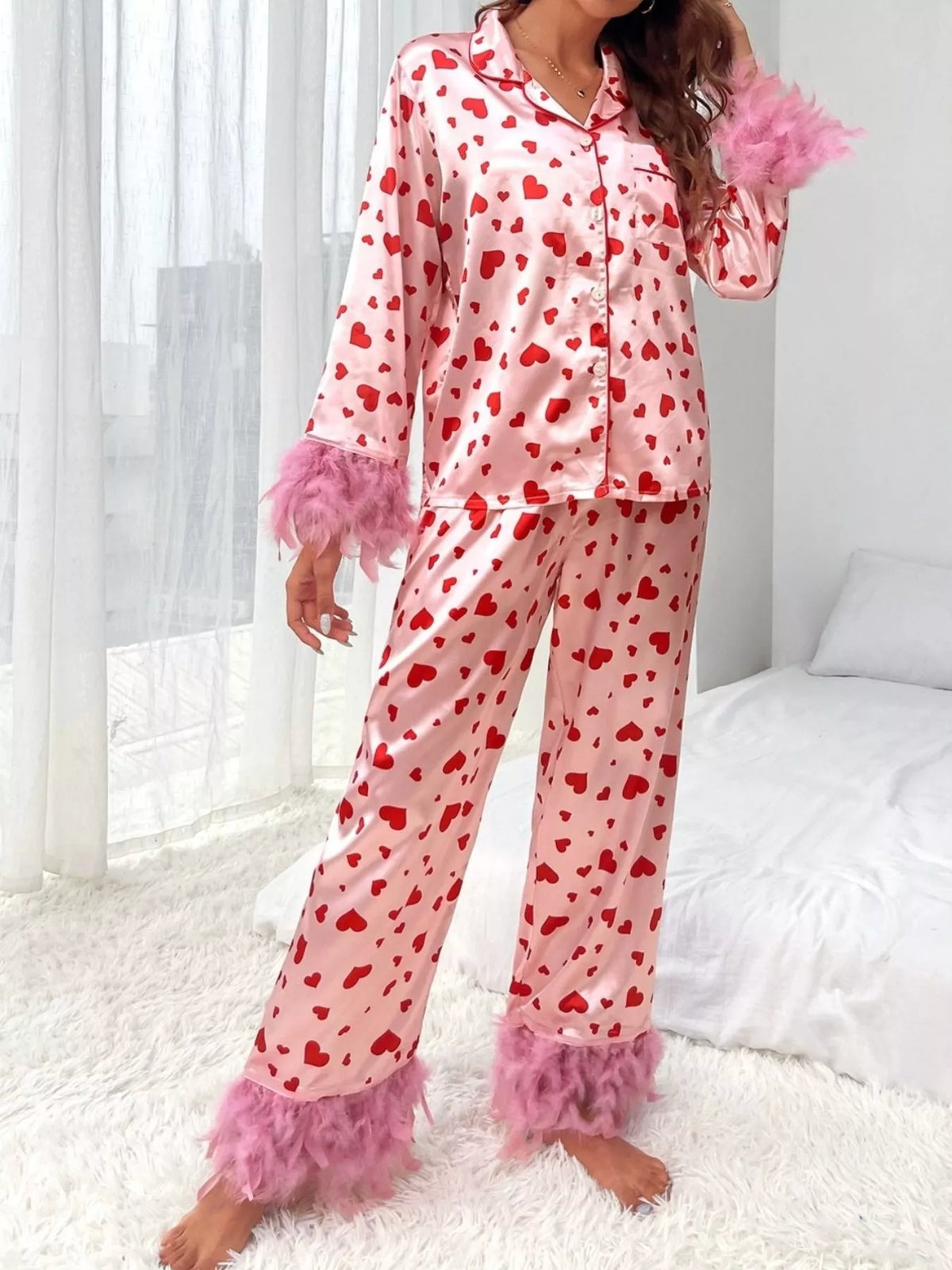 Heart Print Button Up Top and Pants Lounge Set Pink OutfitFlow