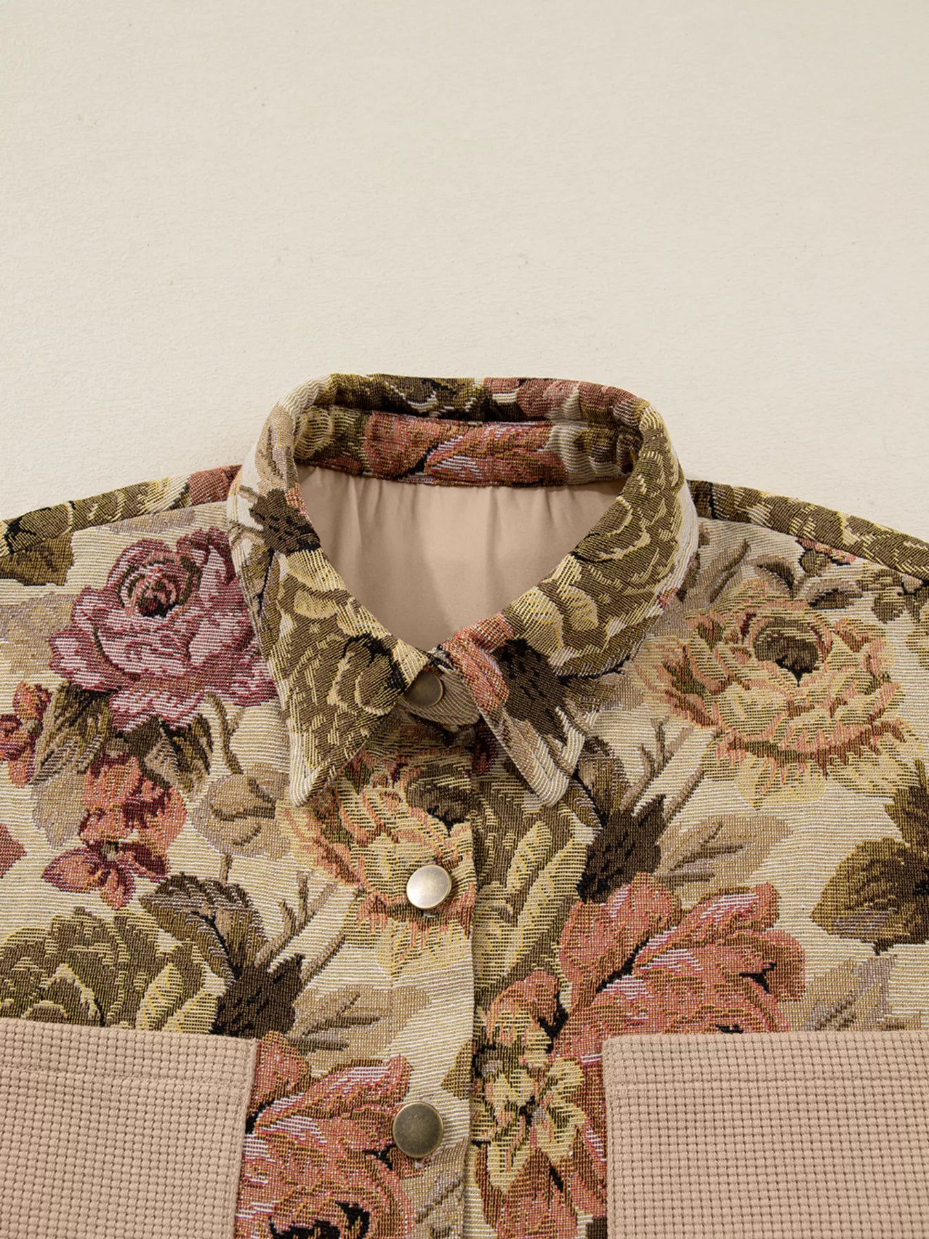 Floral Waffle Knit Patchwork Chest Pockets Buttoned Jacket OutfitFlow
