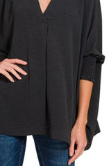 Zenana Airflow Collar Tee with Smocked Sleeve Band Top OutfitFlow