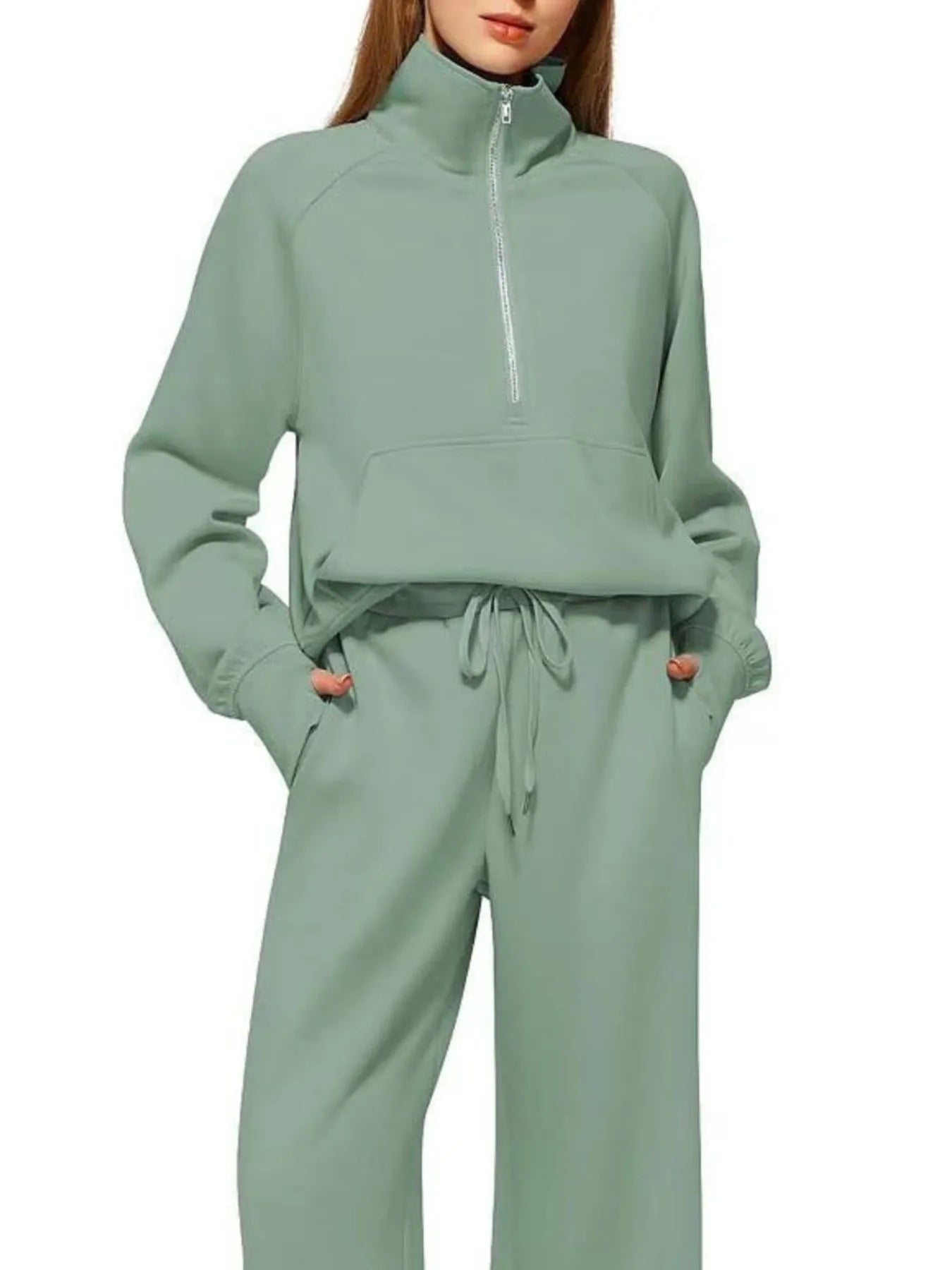 Half Zip Long Sleeve Top and Pants Set OutfitFlow