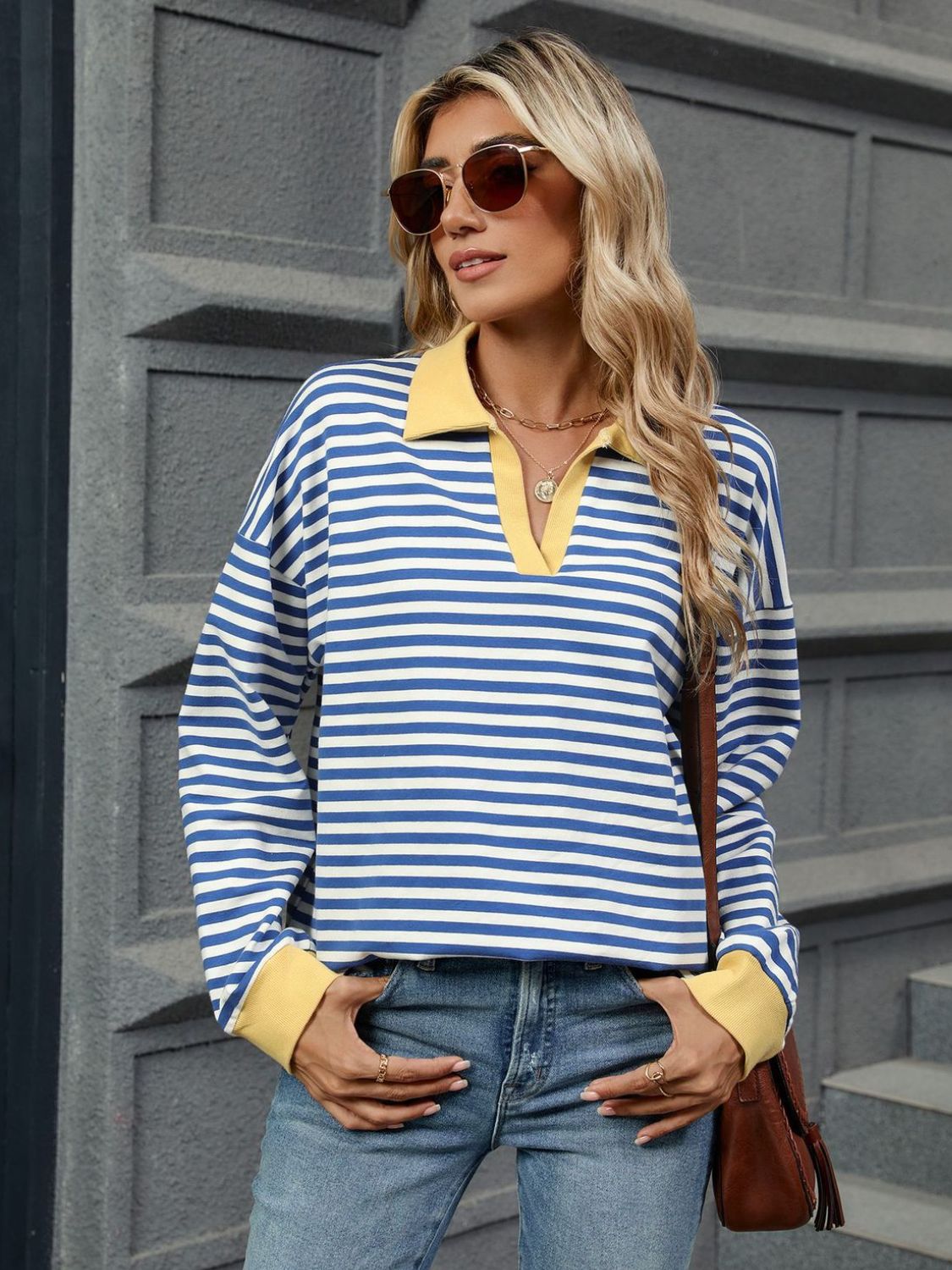 Outfit Flow - Striped Johnny Collar Long Sleeve Sweatshirt