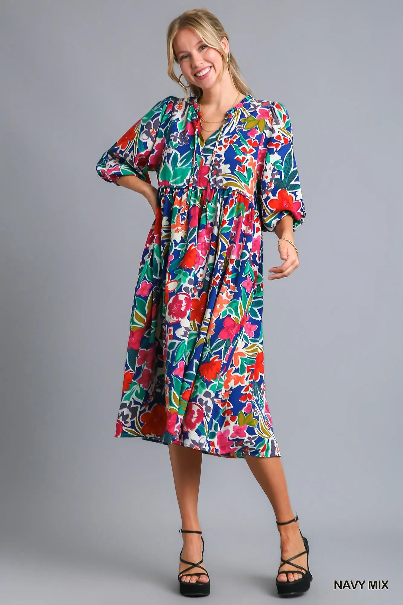 Umgee Floral Print Tie Neck Midi Dress with Pockets NAVY MIX Trendsi