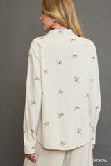 Umgee Linen Blend Fitted Shirt with Ribbon Embroidery Details Trendsi