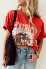 COWBOY Round Neck Short Sleeve T-Shirt Red OutfitFlow