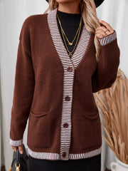Striped Trim Button Front Pocket Knit Cardigan Trendsi