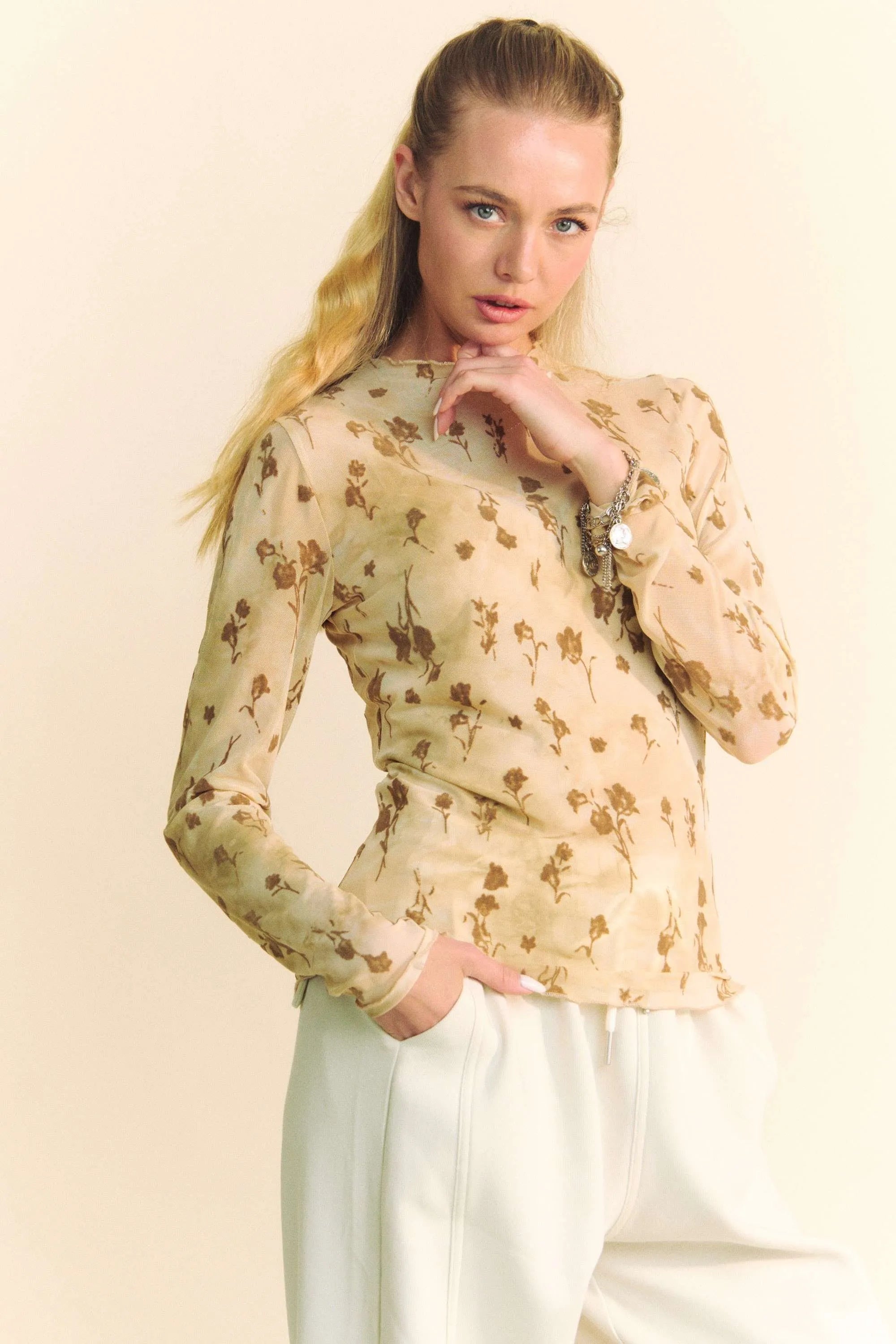 Davi & Dani Floral Mesh Long Sleeve Sheer Layering Top CREAM LATTE OutfitFlow