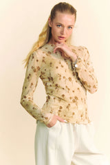 Davi & Dani Floral Mesh Long Sleeve Sheer Layering Top CREAM LATTE OutfitFlow