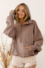 BiBi Stitch Detailed Elastic Hem Half Zip Fleece Hoodie OutfitFlow