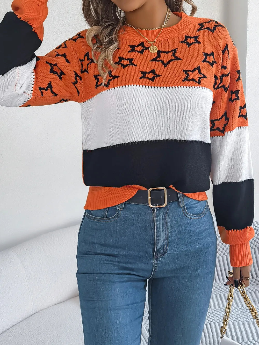 Star Contrast Round Neck Sweater OutfitFlow