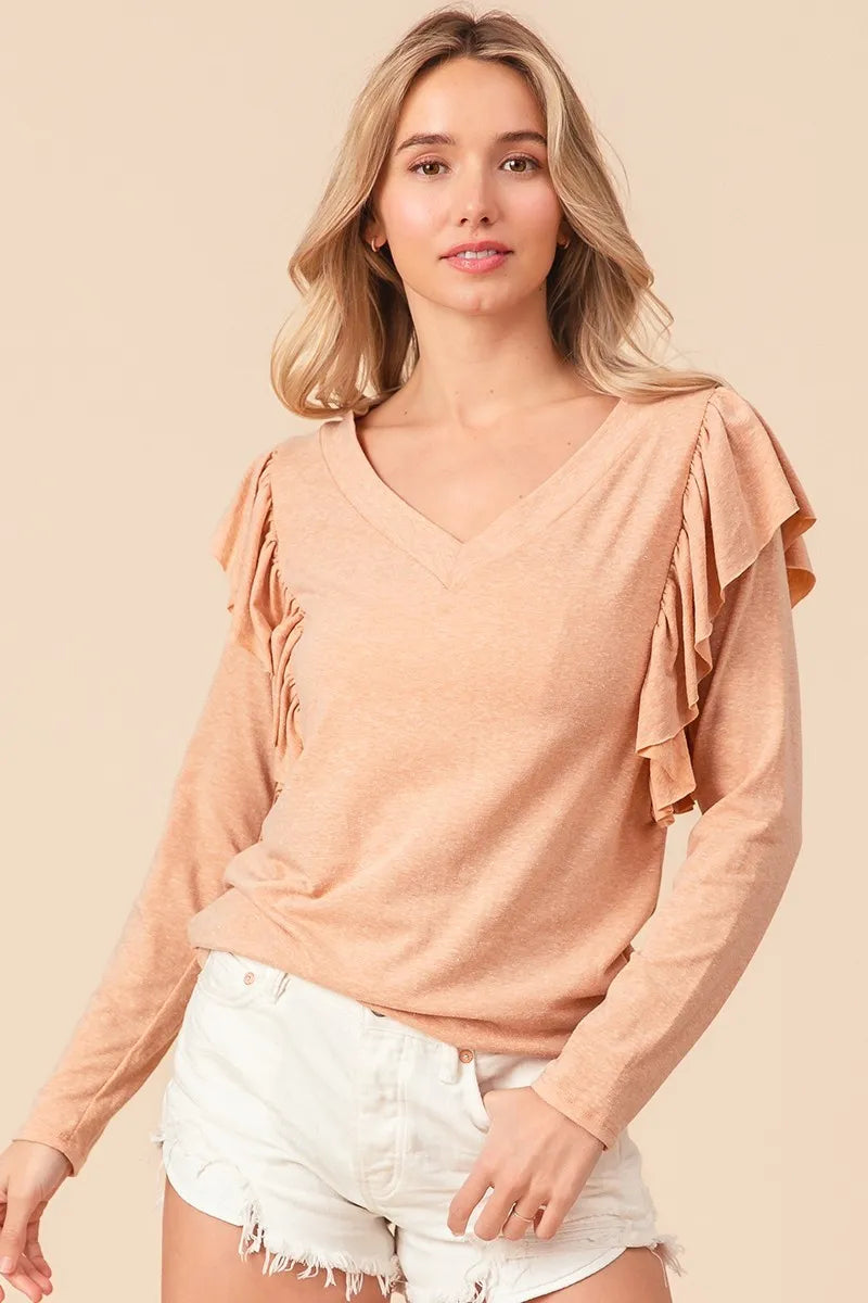 BiBi Triblend V Neck Top with Shoulder Shrring Detail OutfitFlow