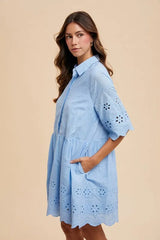 Annie Wear Embroidered Scallop Edge Detail Mini Shirt Dress OutfitFlow