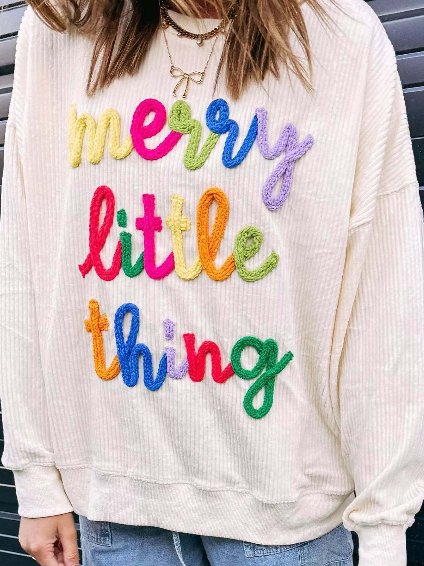 Merry Little Thing Corded Letter Graphic Ribbed Sweatshirt OutfitFlow