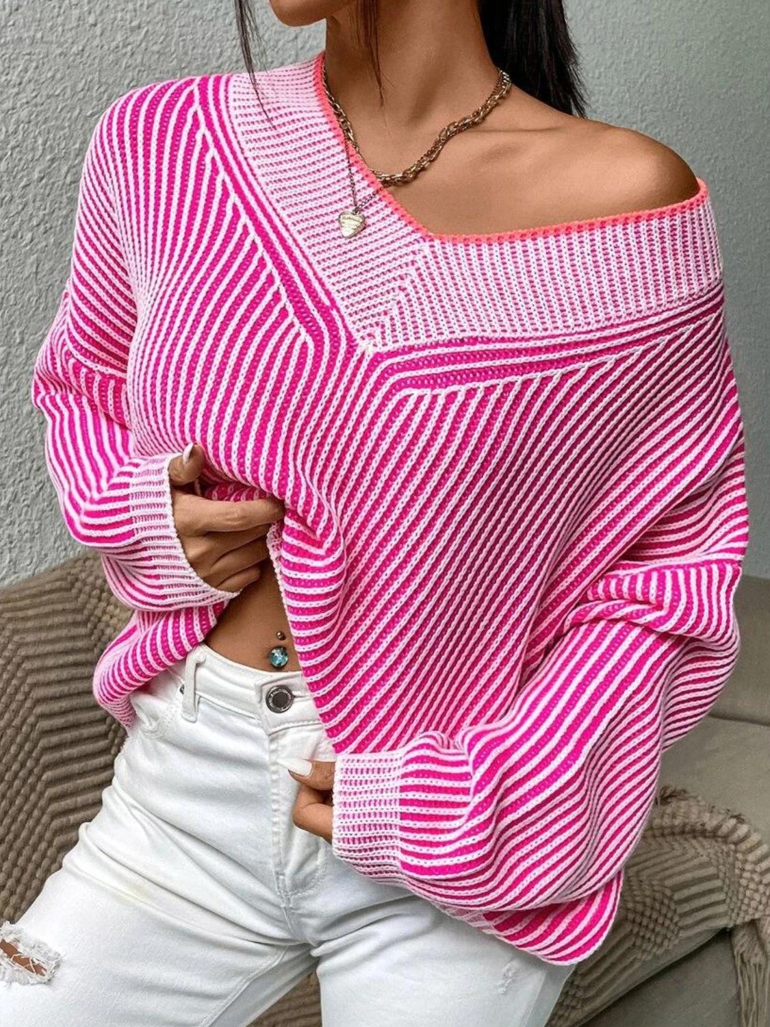 Outfit Flow -  Striped V-Neck Long Sleeve Sweater