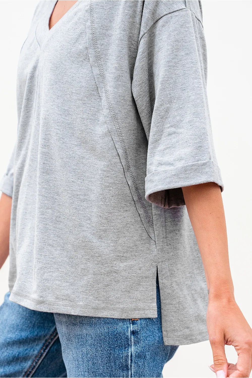 High Raglan Half Sleeve V Neck Oversized T Shirt OutfitFlow
