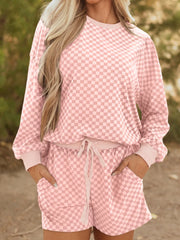 Checkerboard Long Sleeve Pullover and Shorts Set OutfitFlow