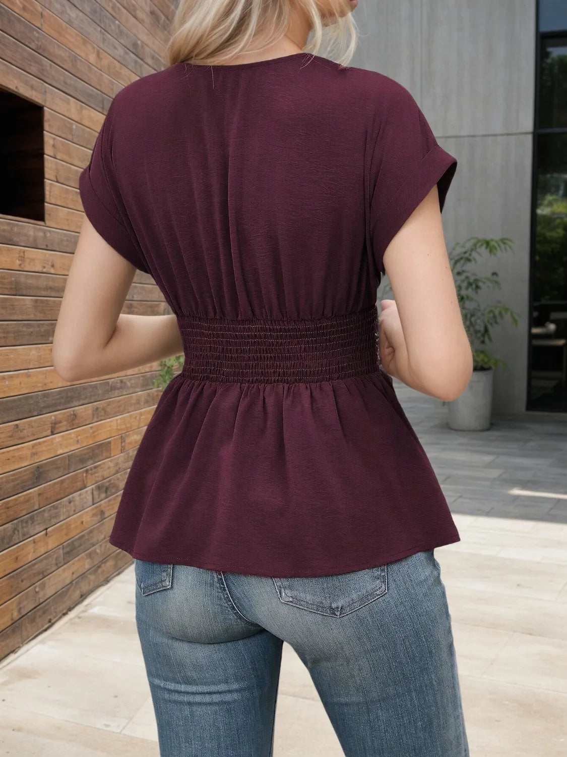 Surplice Short Sleeve Blouse OutfitFlow