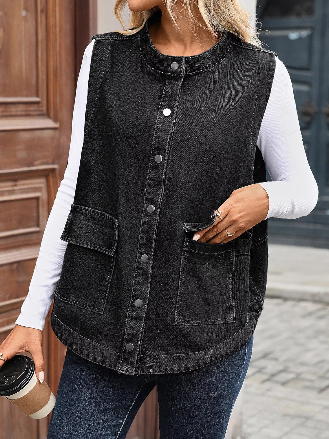Snap Down Sleeveless Denim Jacket OutfitFlow