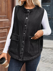 Snap Down Sleeveless Denim Jacket OutfitFlow
