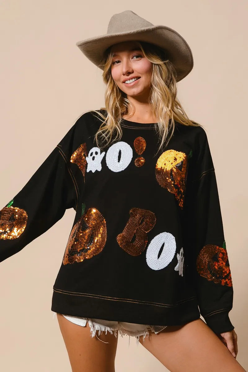 BiBi Halloween Theme Sequin Embroideries Sweatshirt Trendsi
