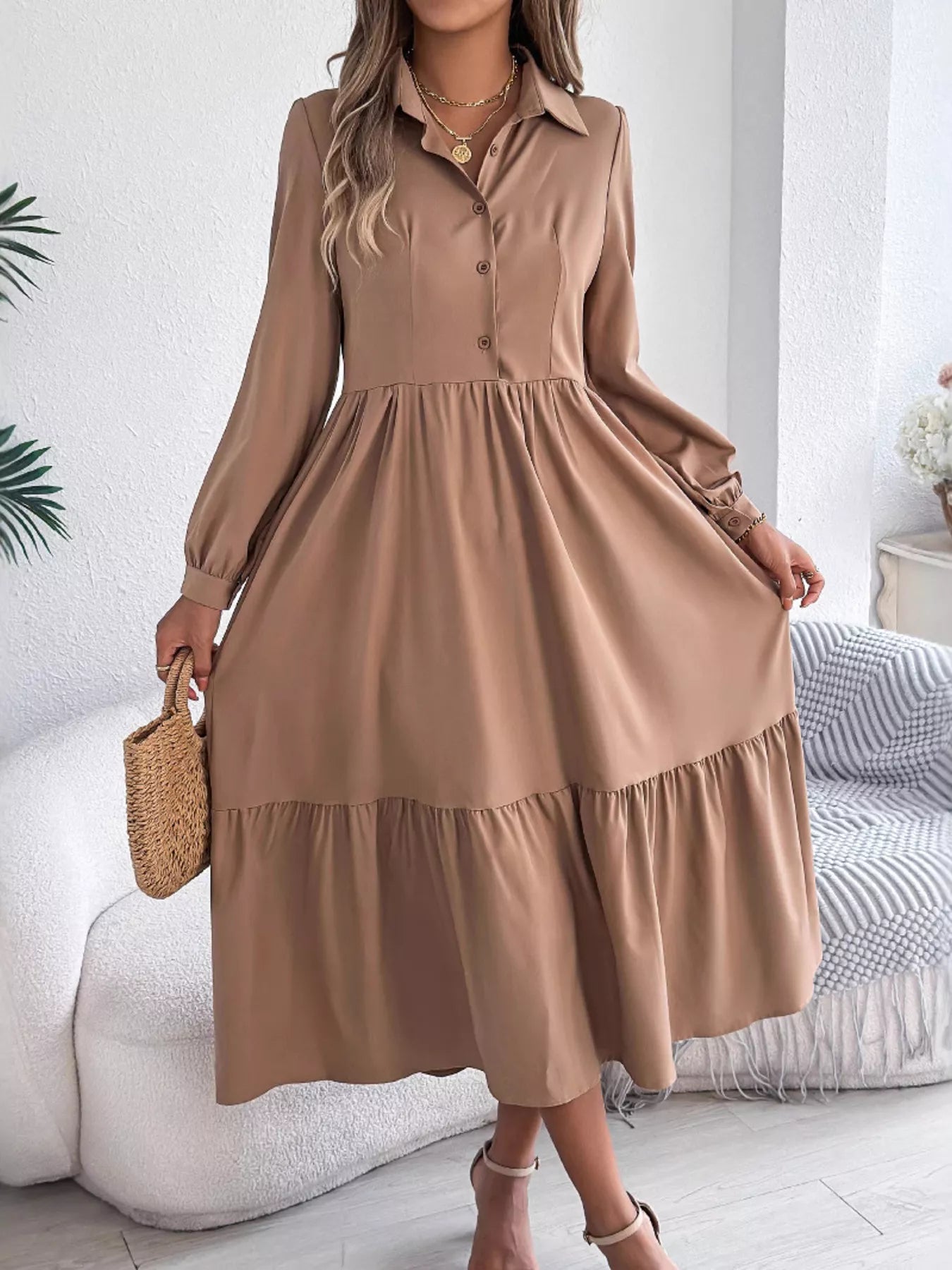 Long Sleeve Tiered Button Front Midi Dress Khaki OutfitFlow