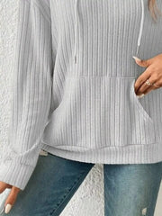 Ribbed Knit Long Sleeve Drawstring Hoodie OutfitFlow