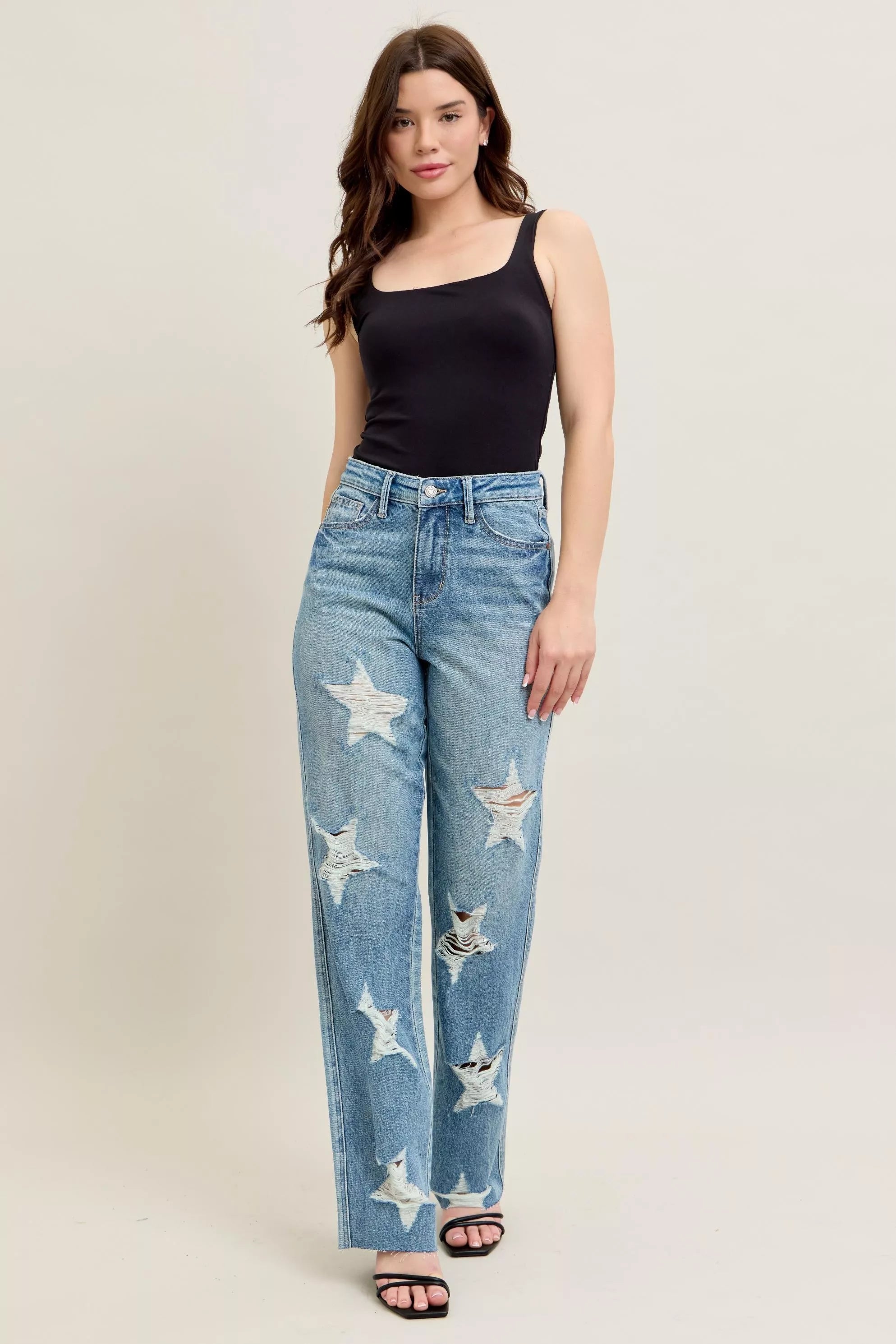Judy Blue Full Size High Waist Rigid Magic Star Shaped Destroy 90's Straight Jeans Plus Size OutfitFlow
