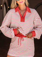 Stripe Collared V Neck Drop Shoulder Pullover and Skort 2pcs Outfit Trendsi