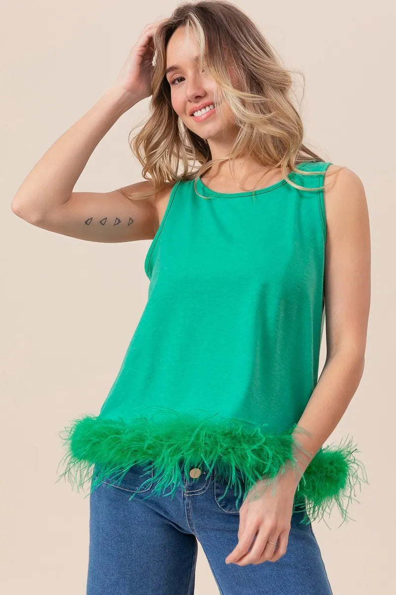 BiBi French Terry Faux Feather Bottom Back Tied Top OutfitFlow