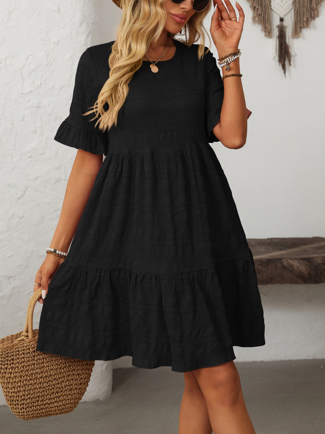 Outfit Flow - Mandy Ruffled Ruched Round Neck Half Sleeve Dress