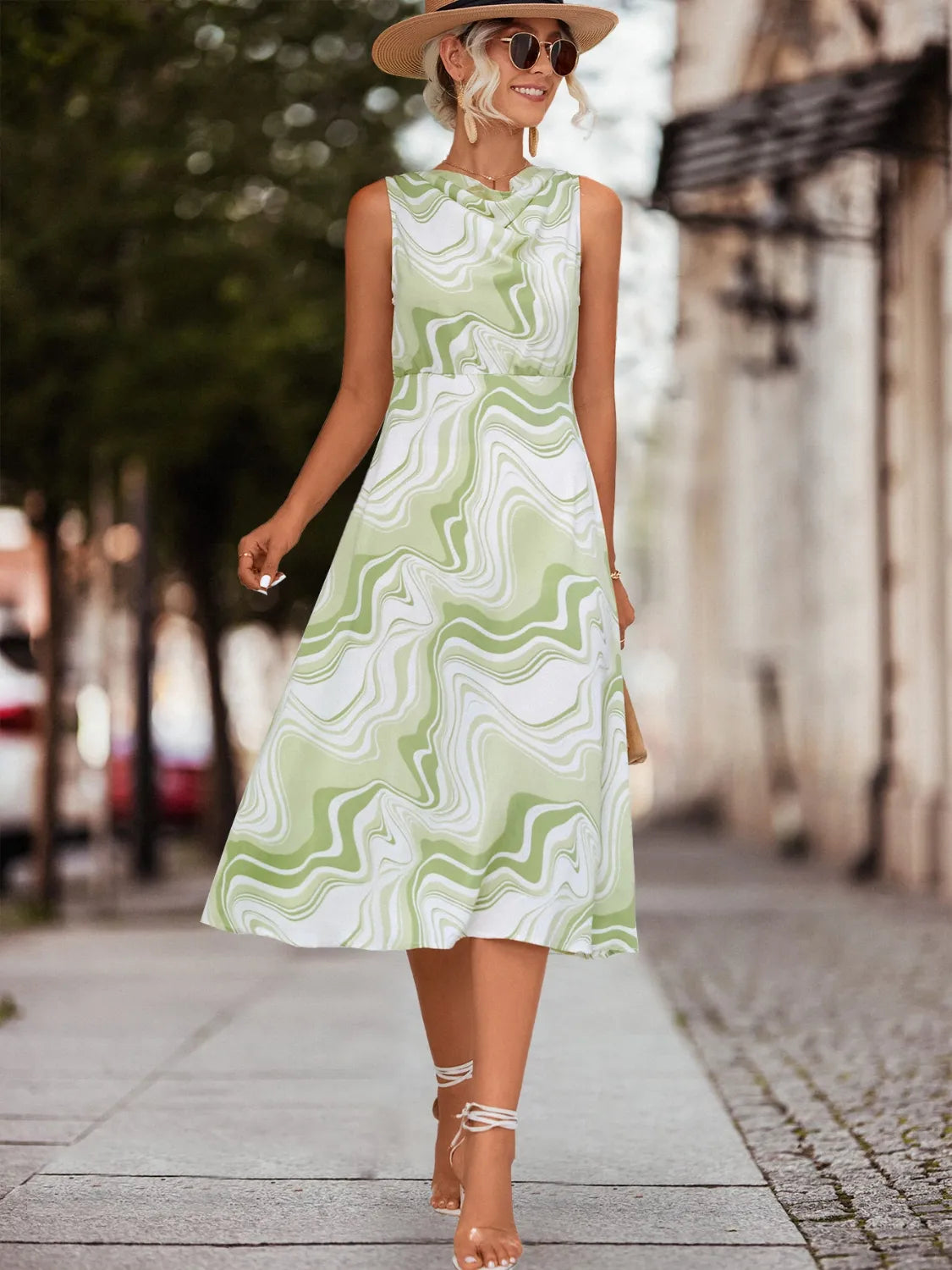 Printed Sleeveless Midi Dress OutfitFlow