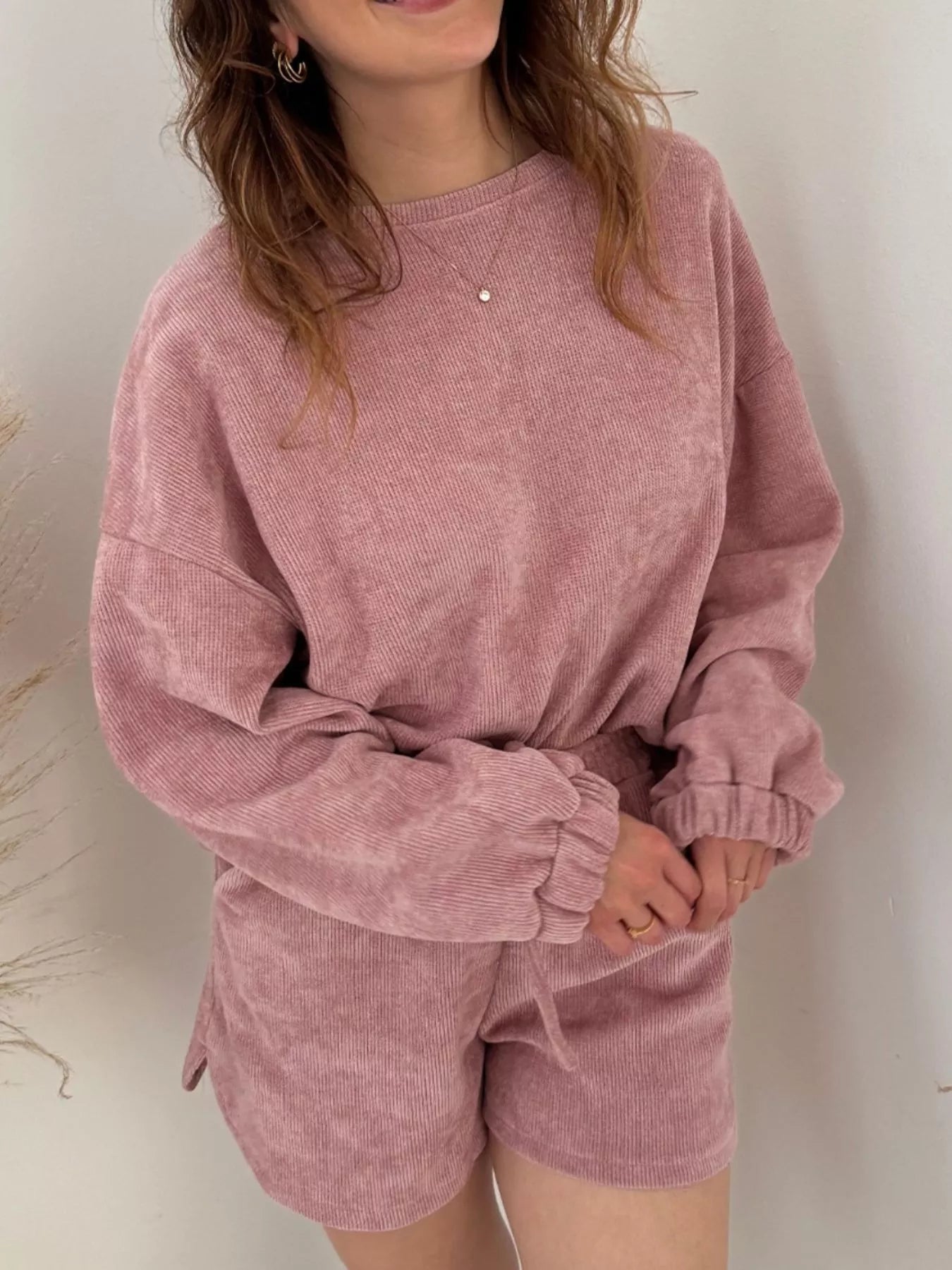 Round Neck Dropped Shoulder Top and Drawstring Shorts Set OutfitFlow