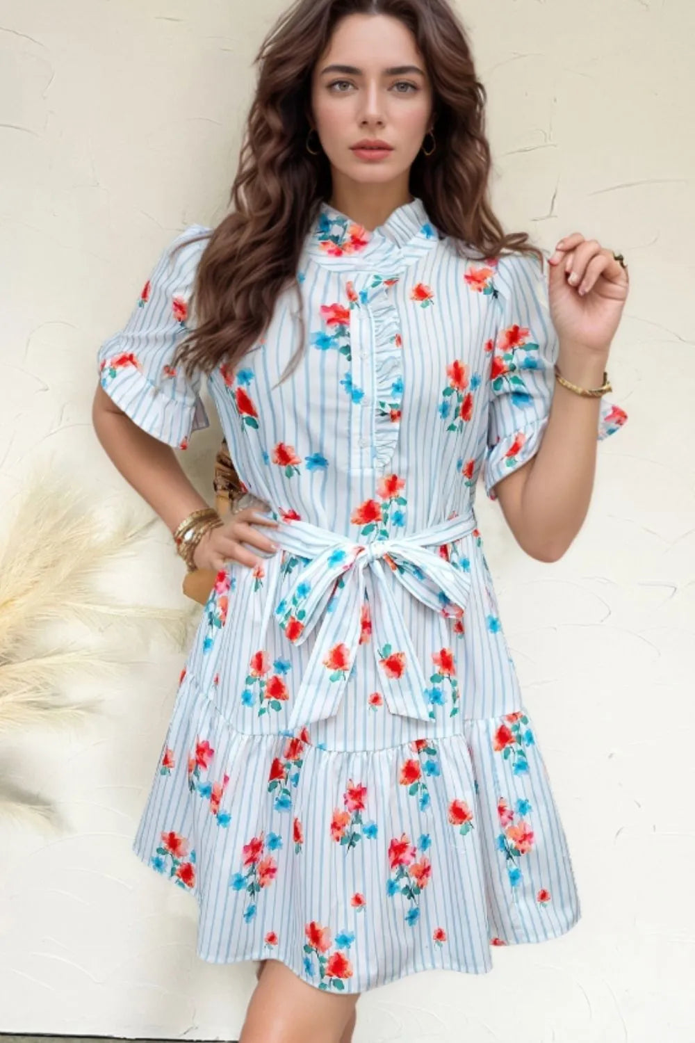Stripe Floral Pattern Ruffle Short Sleeve Belted Mini Dress OutfitFlow