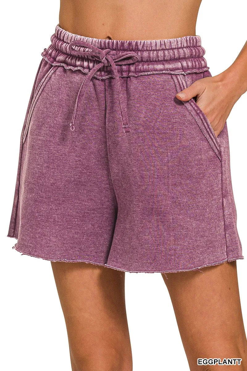 Zenana Acid Wash Fleece Drawstring Shorts With Pockets OutfitFlow