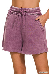 Zenana Acid Wash Fleece Drawstring Shorts With Pockets OutfitFlow